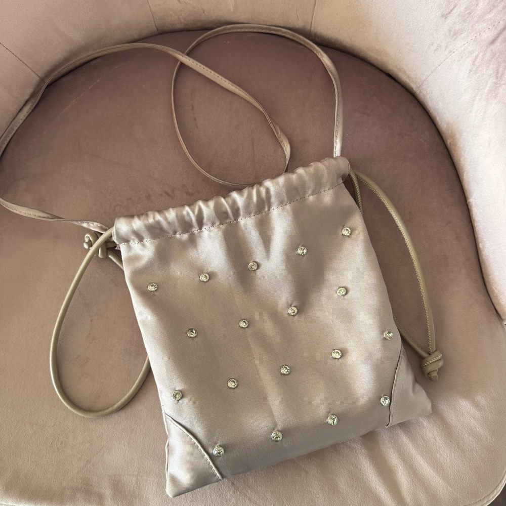 Women's Satin Drawstring Crossbody Bag with Crystal Studs - Beige